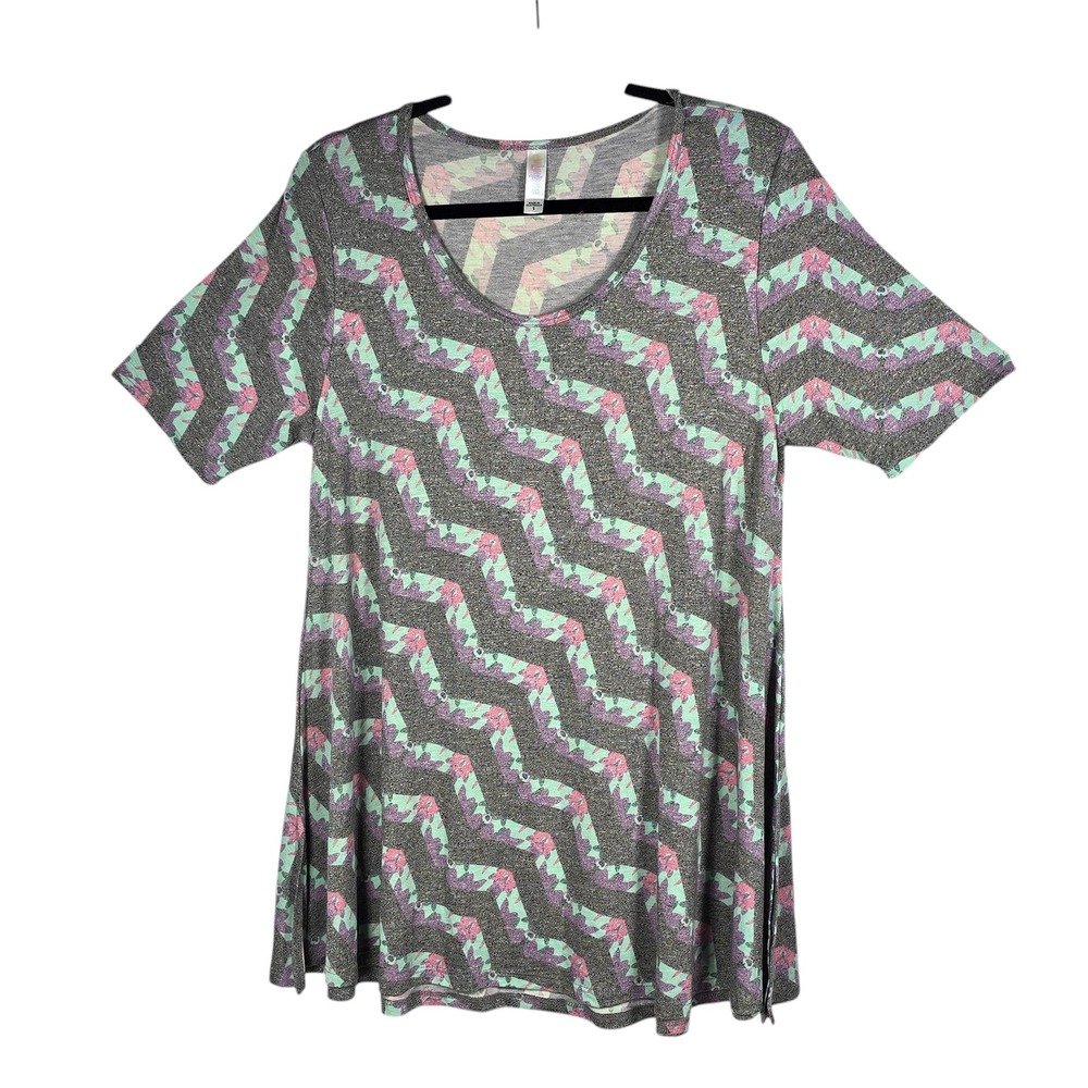LuLaRoe Perfect T Womens Small S Tunic Top Short Sleeve Chevron Side Slit Grey